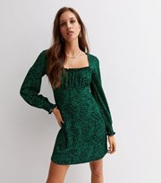 New Look Green Leopard Print Crinkle Long Sleeve Milkmaid Mini Dress